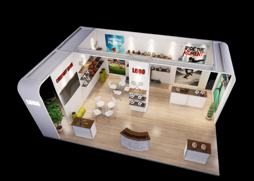 Luna 20x20 custom trade show booth rental with branded graphics, counters, shelving, and meeting area