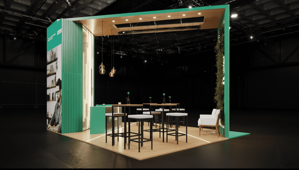 Verde Frame 20x20 custom trade show booth rental with overhead frame, branded walls, lounge seating, and hospitality counter – available in Orlando, Chicago, Atlanta, and nationwide